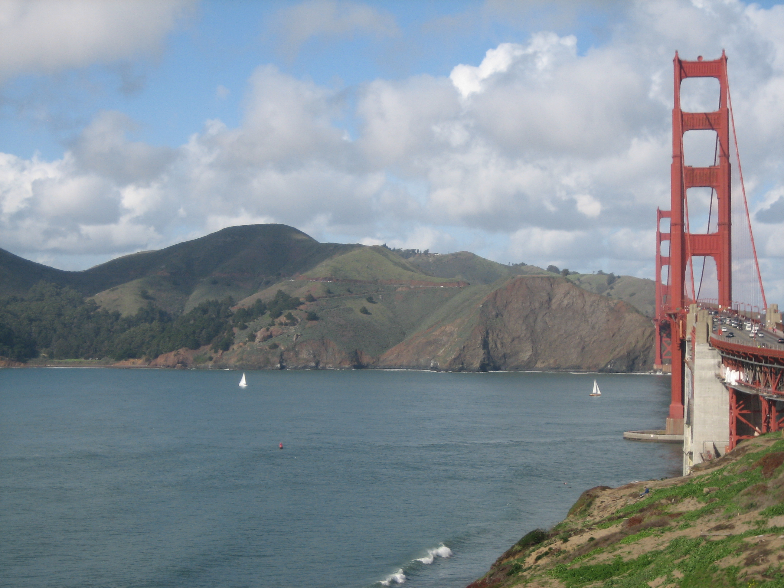 marin headlands on a clear day with the golden gate bridge to the right